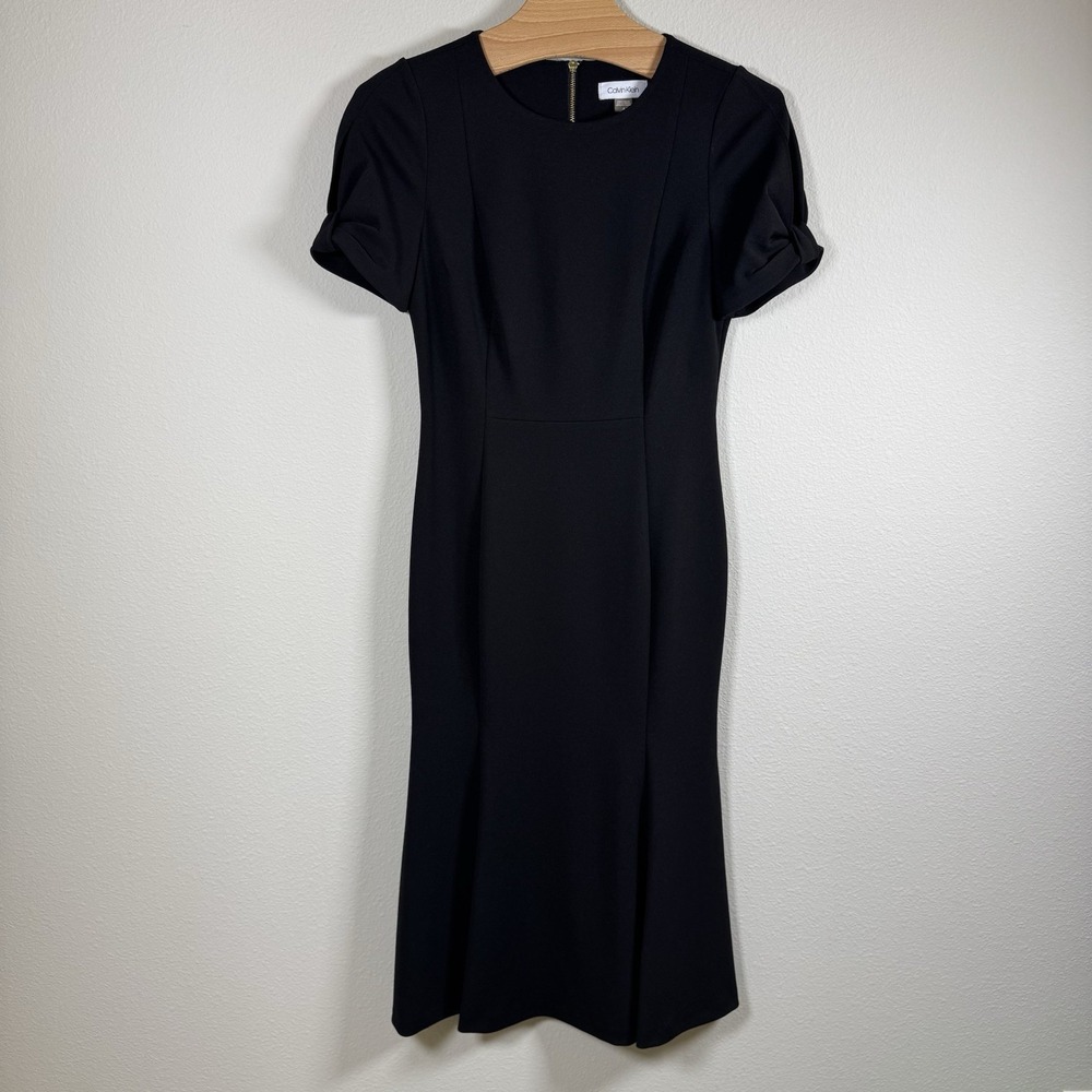 Calvin Klein Fit & Flare Dress Size 4 Black Short Sleeve Gold Zip Stretch Career